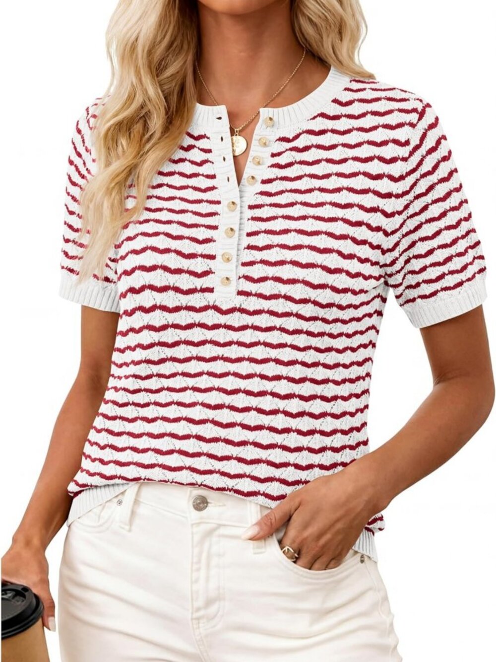 Chic Women's Summer Striped Short Sleeve Sweater Top with Button Henley Detail